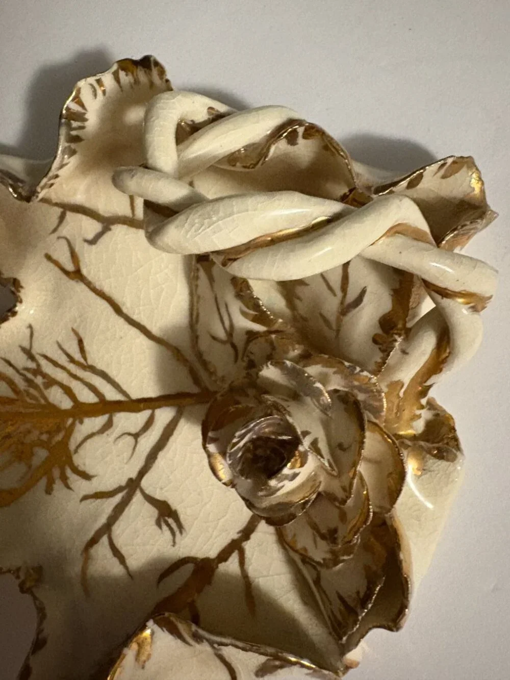 Vintage Porcelain Maple Leaf Trinket Dish w/Gold Trim and Rose Accent
